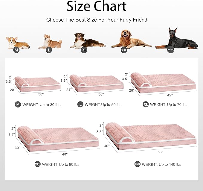 Orthopedic Dog Bed Medium Size Dog with Pillow 30''X20'' Waterproof Soft Comfortable Egg Crate Foam Pet Crate Beds Mat with Removable Washable Cover and Non-Slip Bottom Pink