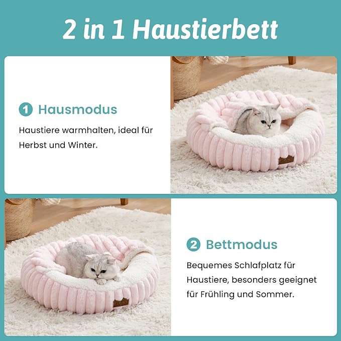 Cat Bed with Hooded Blanket Round Fluffy Anti-Anxiety Pet Bed for Cats/Toy Breed Dogs Cozy Donut Cuddler with Machine Washable Faux Fur &amp Anti-Slip Bottom(20×20×6Pink)