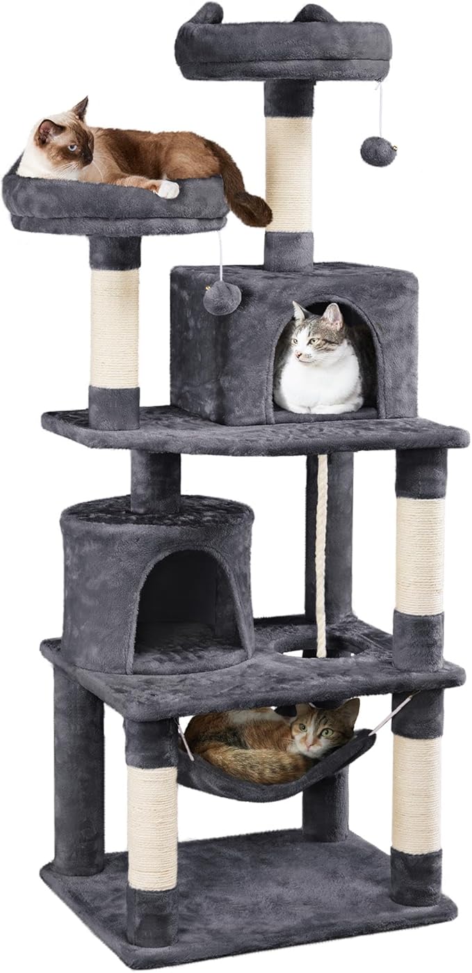 Yaheetech 62.5inches Cat Tree Cat Tower Cat Condo with Platform &amp Hammock Scratching Posts for Kittens Pet Play House with Plush Perch for Indoor Activity Relaxing Dark Gray