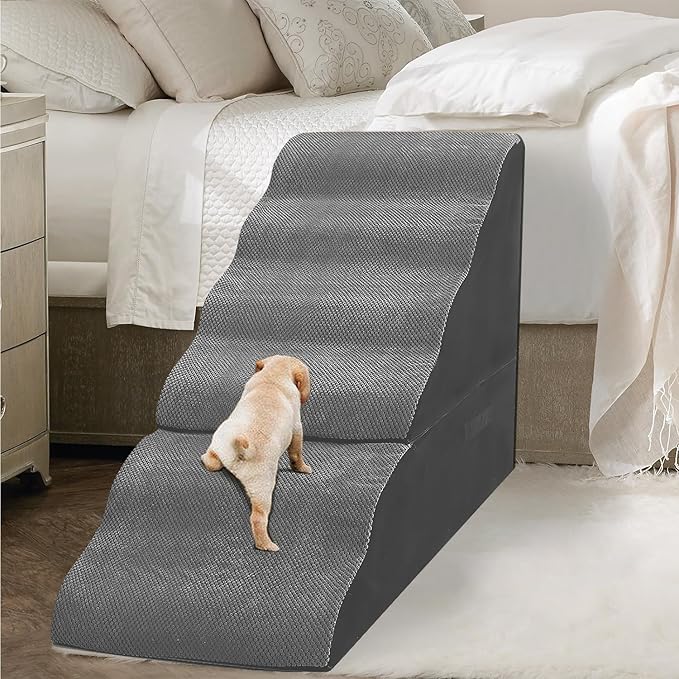 Dog Stairs for High Beds 30-36 inches Tall 6-Step Dog Steps for Bed 32-36 inches for Small Large Dogs Doggie Ramp for Bed 30D Foam Pet Stairs for Old Dogs/Animals & Pet Supplies Free-Installation Grey