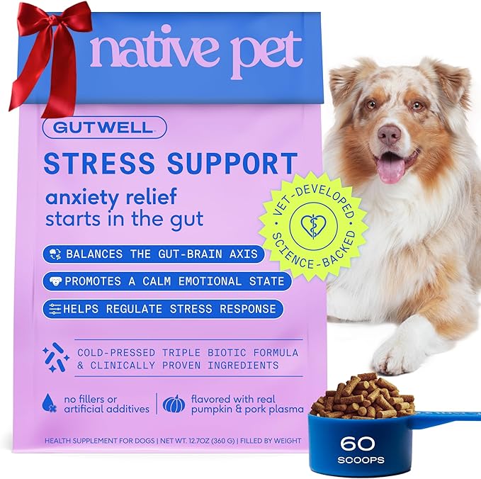 GutWell Stress Support - Dog Anxiety Relief &amp Calming Treats - Tasty Food Topper for Dog Stress and Anxiety Relief - Support Gut-Brain Axis with Triple-biotic Blend &amp Magnesium - 60 Scoops