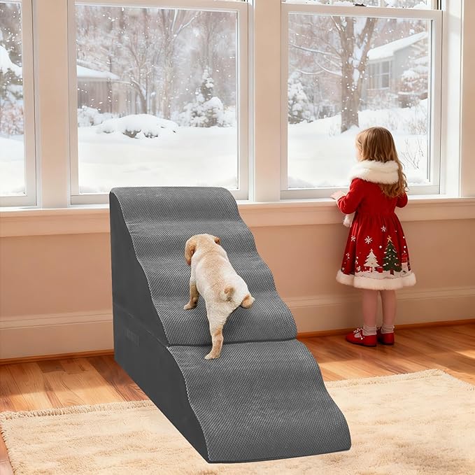 Dog Stairs for High Beds 30-36 inches Tall 6-Step Dog Steps for Bed 32-36 inches for Small Large Dogs Doggie Ramp for Bed 30D Foam Pet Stairs for Old Dogs/Animals & Pet Supplies Free-Installation Grey