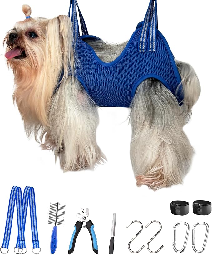 10 in 1 Dog Grooming Hammock Harness with Nail Clippers Nail Trimming Hammock for Pet Grooming Sling Hanger Holder Restaint for Nail Trimming/Clipping (XXS/Under 10lb Blue)