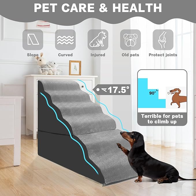 Dog Stairs for High Beds 30-36 inches Tall 6-Step Dog Steps for Bed 32-36 inches for Small Large Dogs Doggie Ramp for Bed 30D Foam Pet Stairs for Old Dogs/Animals & Pet Supplies Free-Installation Grey