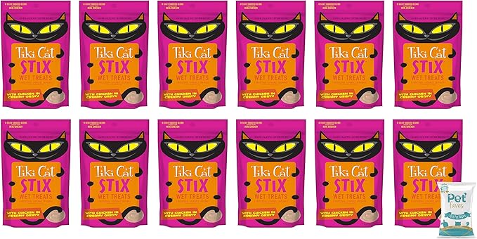(12 Pack 72 Stix) Tiki Pets Cat Stix Wet Treats Topper Grain Free Lickable Smooth Blend with Chicken in Creamy Gravy with 10ct Pet Wipes