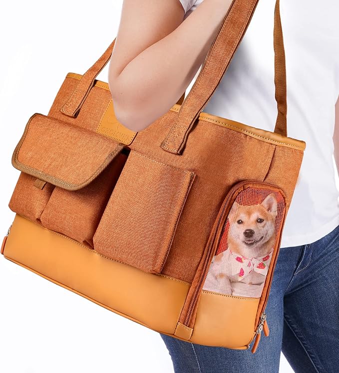 Cat Carrier Dog Carrier Pet Carrier Foldable Waterproof Premium PU Leather Oxford Cloth Dog Purse Portable Bag Carrier for Small to Medium Cat and Small Dog-Brown