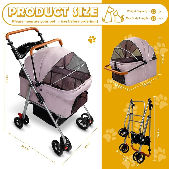 Pet Stroller with Storage Basket and Cup Holder Folding Dog Jogger Foldable Cat Stroller 3 in 1 Puppy Kitten Cart Pet Jogger for Medium Dog Cat (Pink)