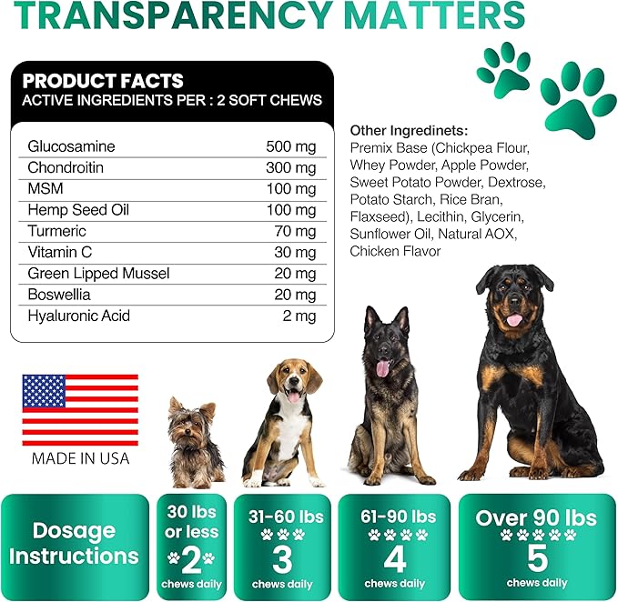 (2 Pack) Hemp Hip and Joint Supplement for Dogs - Glucosamine for Dogs - 340 Joint Pain Relief Treats - Chondroitin MSM Hemp Oil - Advanced Health Supplement - Mobility Support Chews - Made in USA