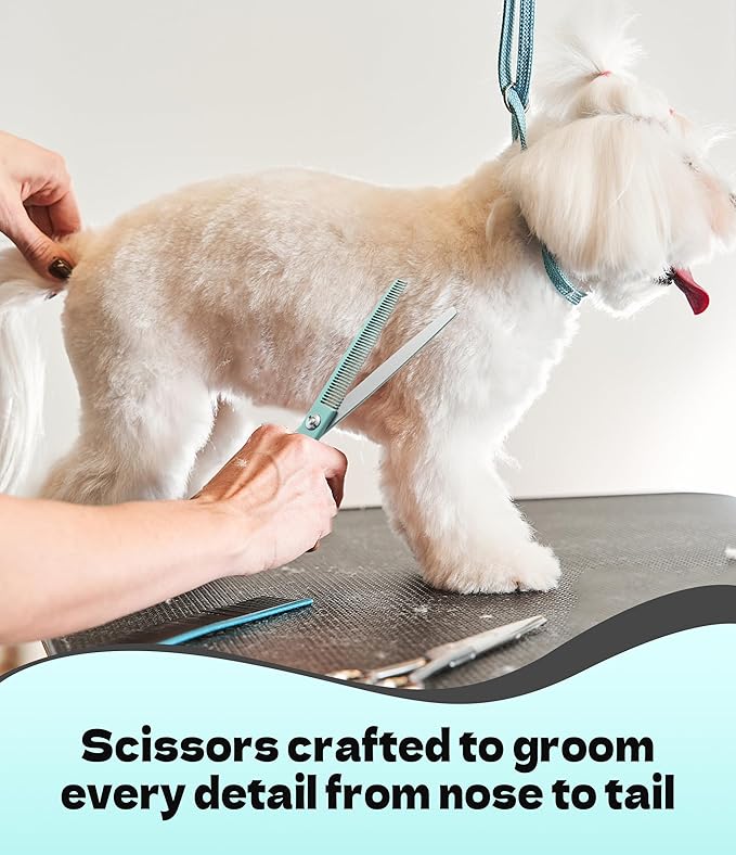 Fenice Peak 7 Professional Dog Grooming Scissors Set Japanese 440C Stainless Steel Straight Thinning Curved Chunker Shears for Pet Grooming Trimming Face Paws Green