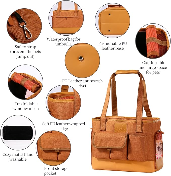 Cat Carrier Dog Carrier Pet Carrier Foldable Waterproof Premium PU Leather Oxford Cloth Dog Purse Portable Bag Carrier for Small to Medium Cat and Small Dog-Brown