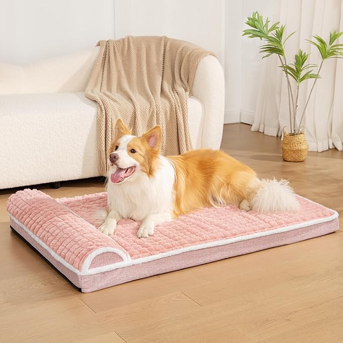 Orthopedic Dog Bed Medium Size Dog with Pillow 30''X20'' Waterproof Soft Comfortable Egg Crate Foam Pet Crate Beds Mat with Removable Washable Cover and Non-Slip Bottom Pink