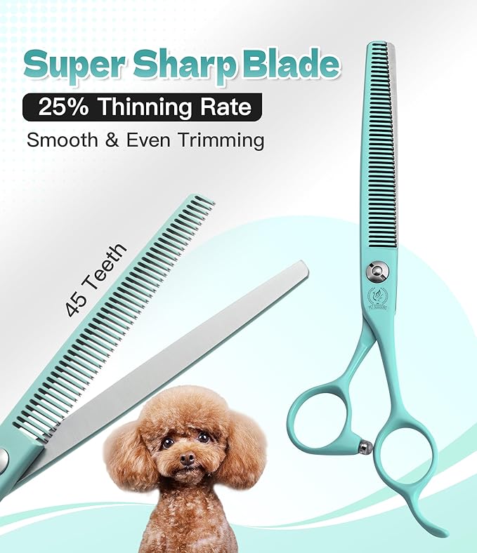 Fenice Peak 7 Professional Dog Grooming Scissors Set Japanese 440C Stainless Steel Straight Thinning Curved Chunker Shears for Pet Grooming Trimming Face Paws Green
