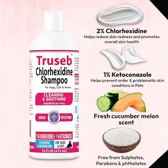 Truseb Topical Ketoconazole and Chlorhexidine Shampoo for Dogs Animals & Pet Supplies and Horses with Aloe - 16 oz (Ketoconazole &amp Chlorhexidine Shampoo 16 oz)
