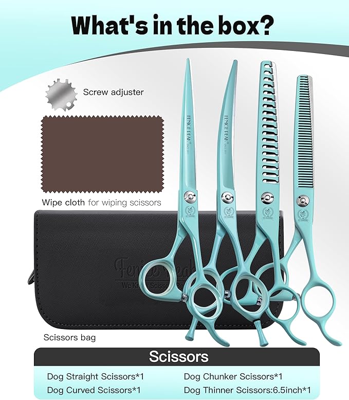 Fenice Peak 7 Professional Dog Grooming Scissors Set Japanese 440C Stainless Steel Straight Thinning Curved Chunker Shears for Pet Grooming Trimming Face Paws Green