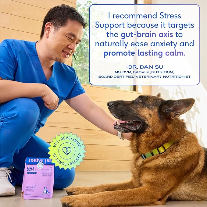 GutWell Stress Support - Dog Anxiety Relief &amp Calming Treats - Tasty Food Topper for Dog Stress and Anxiety Relief - Support Gut-Brain Axis with Triple-biotic Blend &amp Magnesium - 60 Scoops