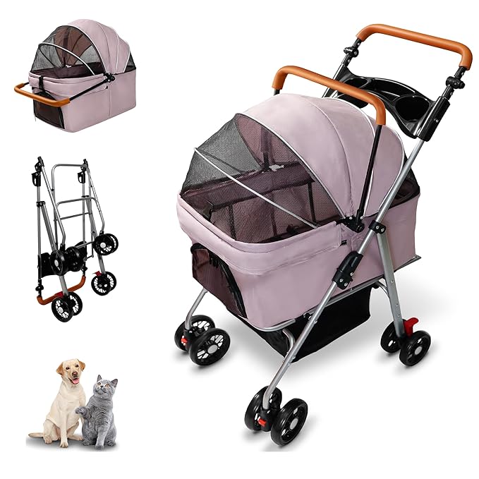 Pet Stroller with Storage Basket and Cup Holder Folding Dog Jogger Foldable Cat Stroller 3 in 1 Puppy Kitten Cart Pet Jogger for Medium Dog Cat (Pink)