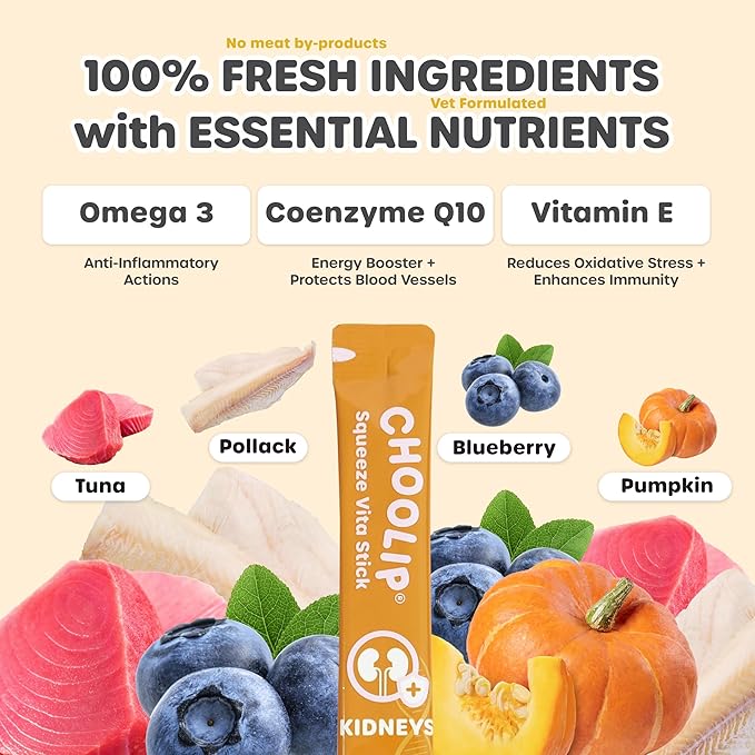 Choolip Squeeze Vita Stick Lickable Cat and Dog Treats ? 49-Count Kidney Support Sticks with Multivitamins Soft Squeezable Paste for All Life Stages Supporting Kidney Health - Box with 7 Pouches