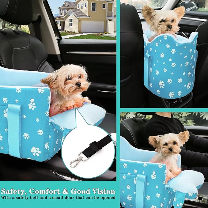 Cullaby Center Console Dog Car Seat for Small Dogs Under 15lbsDetachable Washable Booster Pet Car Seat Travel Bed with Storage Pockets and Seat Belt(Blue)