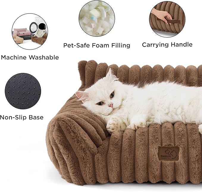 Bedsure Cute Cat Couch for Pets - Fluffy Small Dog Sofa with Premium Soft Corduroy Fleece Pet Sofa with Removable Washable Cover Supportive Dog Couch Bed for Small Medium Dogs 30inch Copper Brown