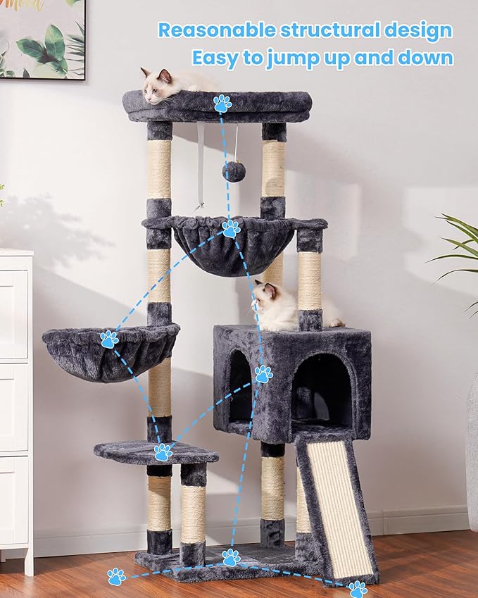 Hey-brother Large Cat Tree Cat Tower for Indoor Cats Cat House with Padded Bed Cozy Condo Hammocks Sisal Scratching Posts Big Scratcher Smoky Gray MPJ006-MG