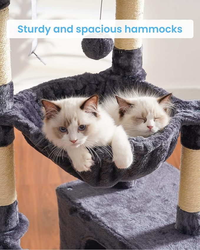 Hey-brother Large Cat Tree Cat Tower for Indoor Cats Cat House with Padded Bed Cozy Condo Hammocks Sisal Scratching Posts Big Scratcher Smoky Gray MPJ006-MG