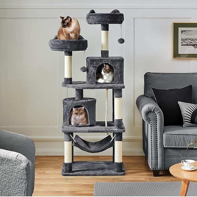 Yaheetech 62.5inches Cat Tree Cat Tower Cat Condo with Platform &amp Hammock Scratching Posts for Kittens Pet Play House with Plush Perch for Indoor Activity Relaxing Dark Gray