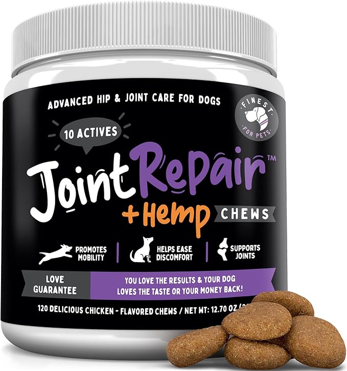 Finest For Pets Joint Repair Hip and Joint Chews for Dogs Glucosamine Chondroitin MSM Hemp Omega 3 &amp Turmeric for Dog Joint Support Mobility &amp Pain Relief - (120 Chicken Chews Made in US