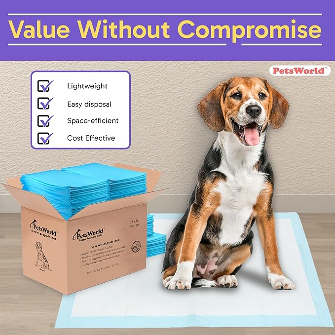 PETSWORLD Puppy Pads 23x36 Inch 100 Count - Puppy Pee Pads for Dogs Tear Resistant Economy Value Super-Absorbent Polymer Gel Core Perfect for Puppies Smaller Dogs