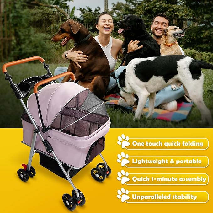 Pet Stroller with Storage Basket and Cup Holder Folding Dog Jogger Foldable Cat Stroller 3 in 1 Puppy Kitten Cart Pet Jogger for Medium Dog Cat (Pink)