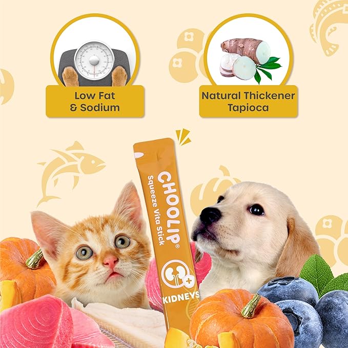 Choolip Squeeze Vita Stick Lickable Cat and Dog Treats ? 49-Count Kidney Support Sticks with Multivitamins Soft Squeezable Paste for All Life Stages Supporting Kidney Health - Box with 7 Pouches