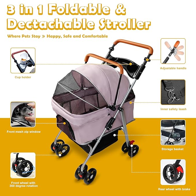 Pet Stroller with Storage Basket and Cup Holder Folding Dog Jogger Foldable Cat Stroller 3 in 1 Puppy Kitten Cart Pet Jogger for Medium Dog Cat (Pink)