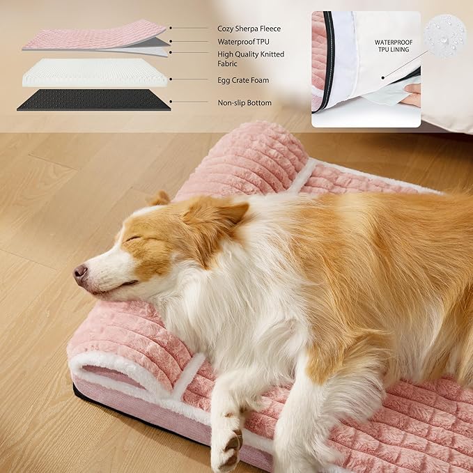 Orthopedic Dog Bed Medium Size Dog with Pillow 30''X20'' Waterproof Soft Comfortable Egg Crate Foam Pet Crate Beds Mat with Removable Washable Cover and Non-Slip Bottom Pink