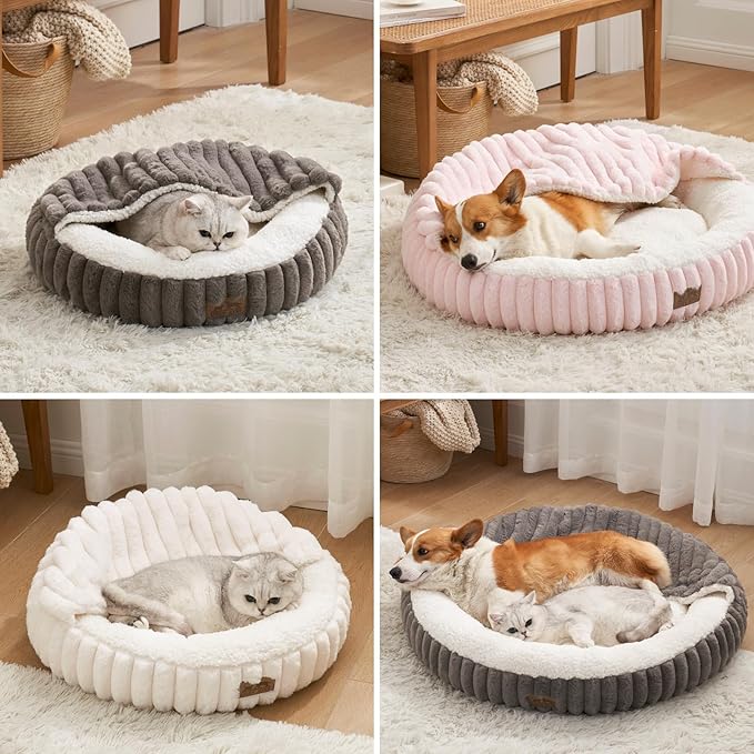 Cat Bed with Hooded Blanket Round Fluffy Anti-Anxiety Pet Bed for Cats/Toy Breed Dogs Cozy Donut Cuddler with Machine Washable Faux Fur &amp Anti-Slip Bottom(20×20×6Pink)