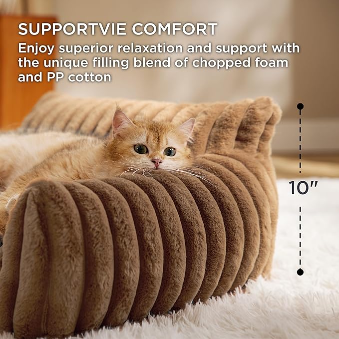 Bedsure Cute Cat Couch for Pets - Fluffy Small Dog Sofa with Premium Soft Corduroy Fleece Pet Sofa with Removable Washable Cover Supportive Dog Couch Bed for Small Medium Dogs 30inch Copper Brown