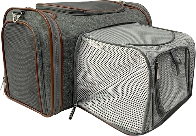 Mr. Peanut's Expandable Airline Approved Soft Sided Pet Carrier Luxury Travel Tote with Premium Auto Self Locking Zippers Plush Faux Fleece Bedding with Sturdy Plywood Base 18LX10.5 (Twilight Gray)