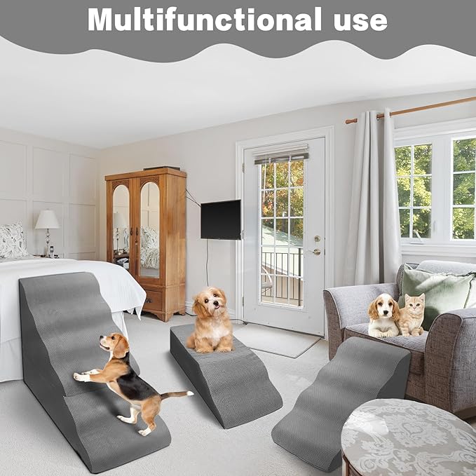 Dog Stairs for High Beds 30-36 inches Tall 6-Step Dog Steps for Bed 32-36 inches for Small Large Dogs Doggie Ramp for Bed 30D Foam Pet Stairs for Old Dogs/Animals & Pet Supplies Free-Installation Grey