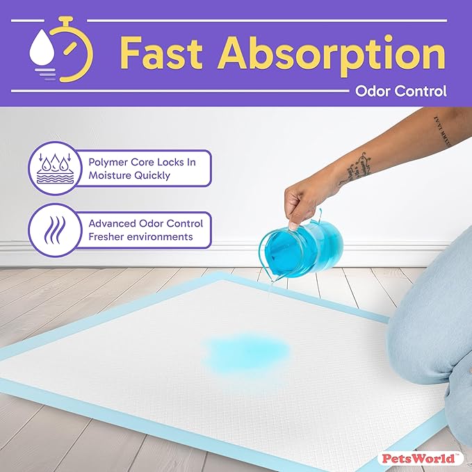 PETSWORLD Puppy Pads 23x36 Inch 100 Count - Puppy Pee Pads for Dogs Tear Resistant Economy Value Super-Absorbent Polymer Gel Core Perfect for Puppies Smaller Dogs
