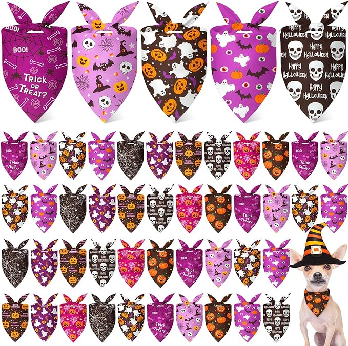 Weewooday 50 Pcs Halloween Dog Bandanas Bulk Pumpkin Ghost Bandanas for Dogs Soft Triangle Bibs Adjustable Triangle for Small Medium Large Pets Halloween Party Costume(25.6 x 17.7 x 17.7 inch)