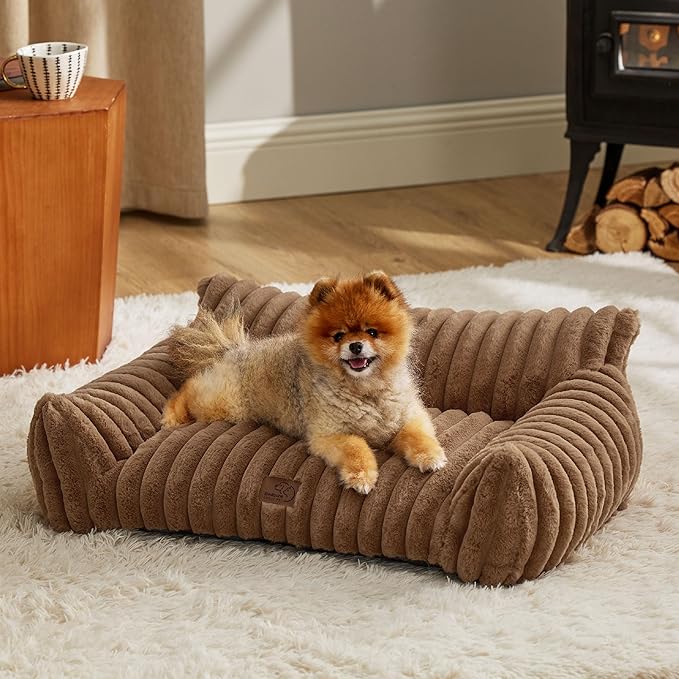Bedsure Cute Cat Couch for Pets - Fluffy Small Dog Sofa with Premium Soft Corduroy Fleece Pet Sofa with Removable Washable Cover Supportive Dog Couch Bed for Small Medium Dogs 30inch Copper Brown