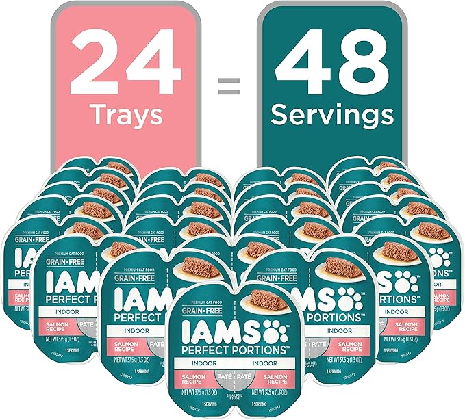 IAMS Perfect Portions Indoor Adult Grain Free Wet Cat Food Pate Salmon Recipe 2.6 oz. Easy Peel Twin-Pack Trays (24 Count 48 Servings)