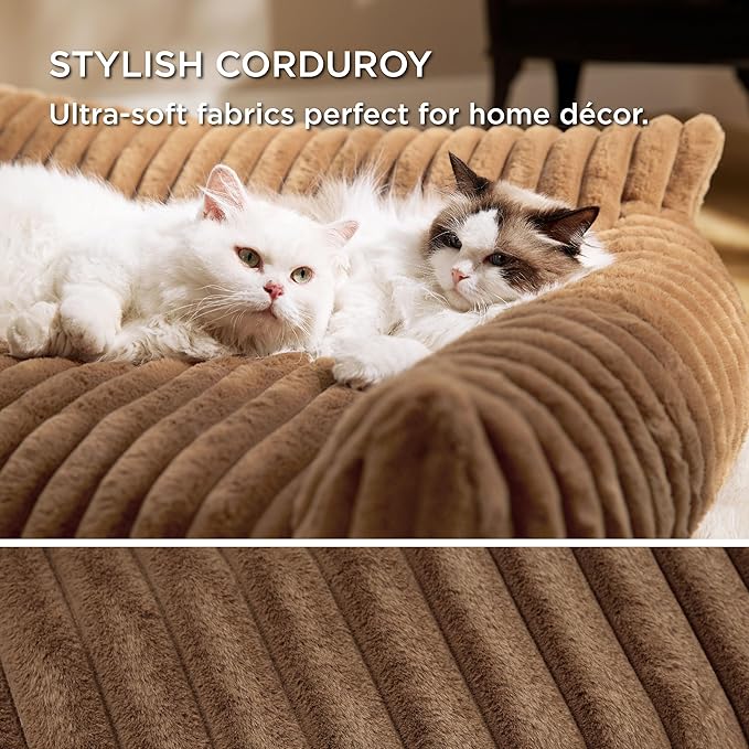 Bedsure Cute Cat Couch for Pets - Fluffy Small Dog Sofa with Premium Soft Corduroy Fleece Pet Sofa with Removable Washable Cover Supportive Dog Couch Bed for Small Medium Dogs 30inch Copper Brown
