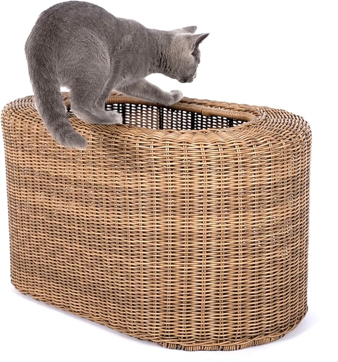 Fun Stackable Wicker Cat Hideaway House - Interactive Play Rattan Cat House for Indoor Cats Kitty Pet Friendly Top/Side House Entry Cat Bed Enclosed