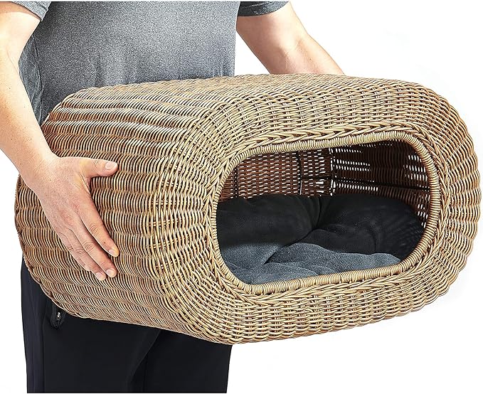 Fun Stackable Wicker Cat Hideaway House - Interactive Play Rattan Cat House for Indoor Cats Kitty Pet Friendly Top/Side House Entry Cat Bed Enclosed