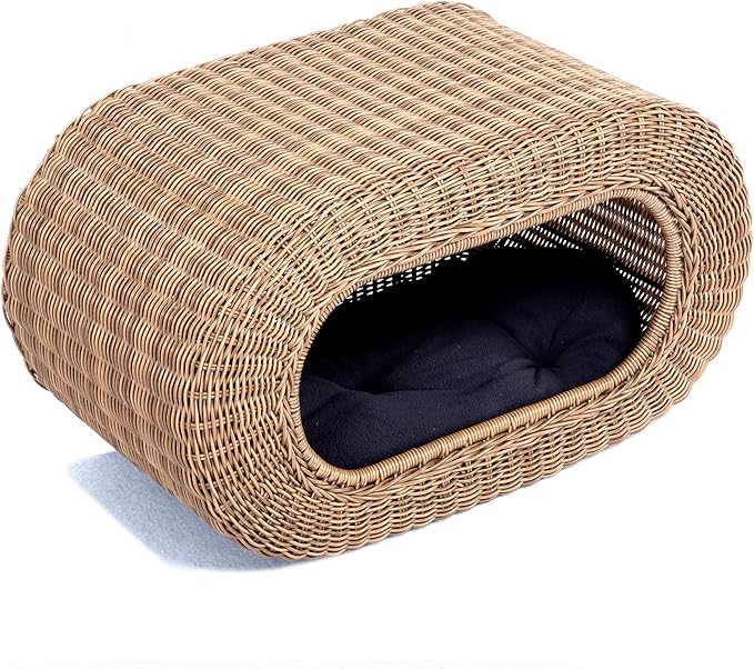 Fun Stackable Wicker Cat Hideaway House - Interactive Play Rattan Cat House for Indoor Cats Kitty Pet Friendly Top/Side House Entry Cat Bed Enclosed